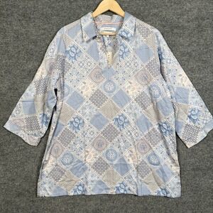New Foxcroft NYC Plus Size 18 Tunic Shirt Blue Freesia Angel 34 Patchwork Cotton